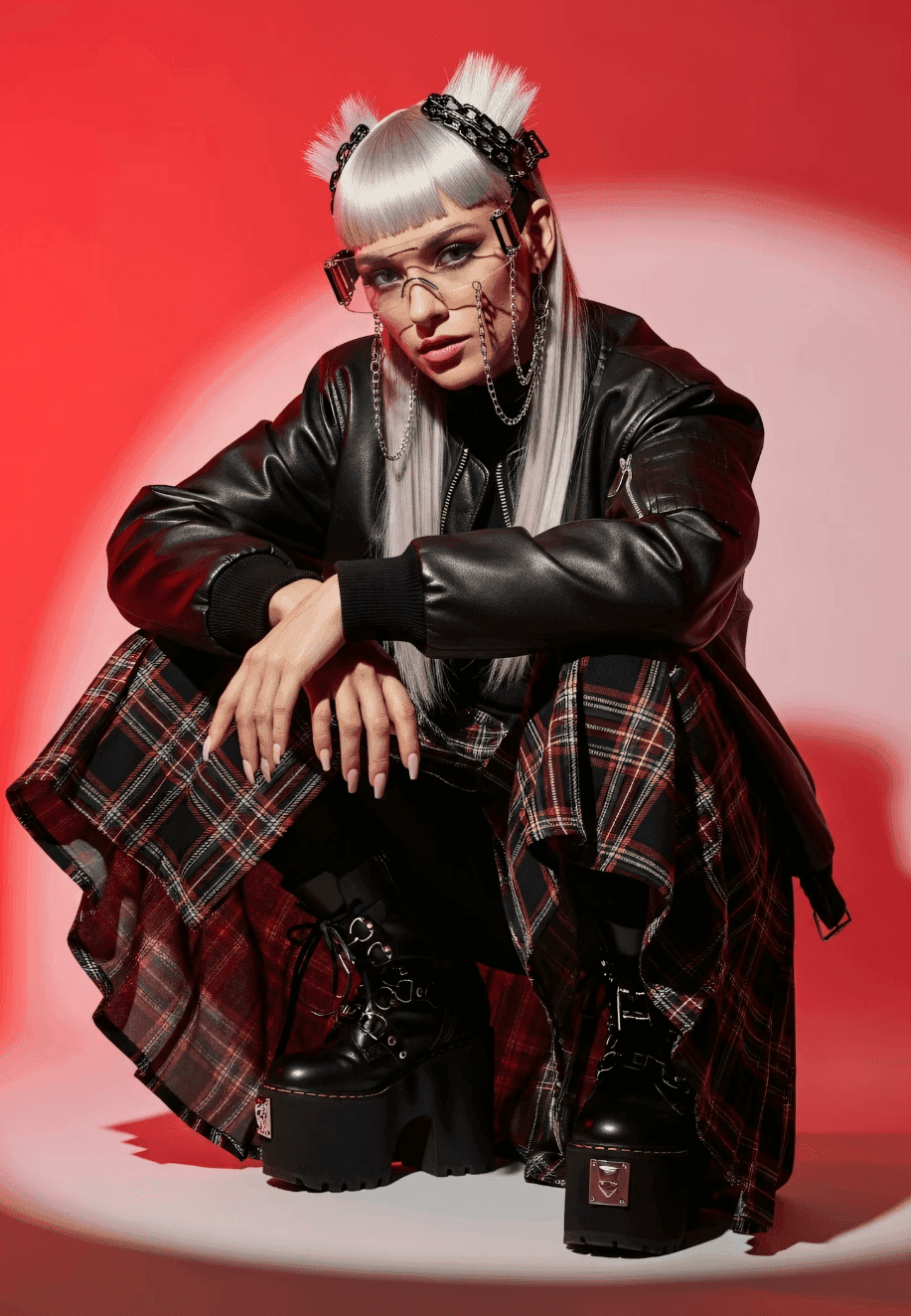 Figure in leather jacket and plaid skirt with red tones
