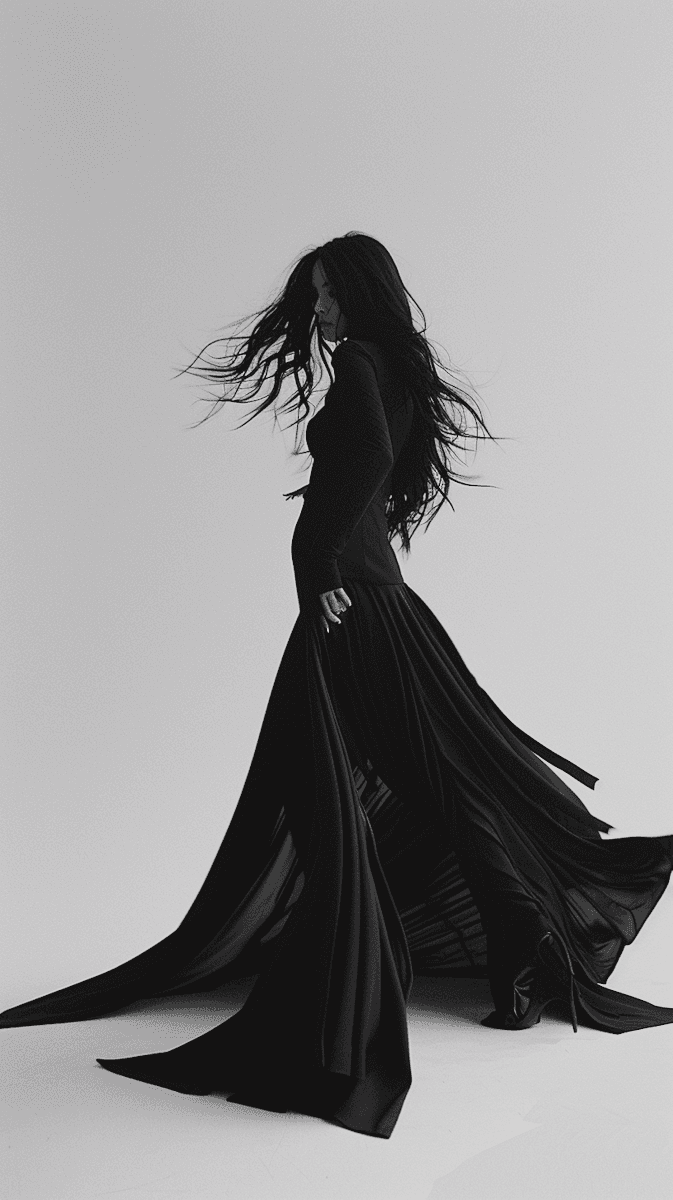 Black and white editorial photo of a woman in a flowing dress, Promot Egypt CTA section