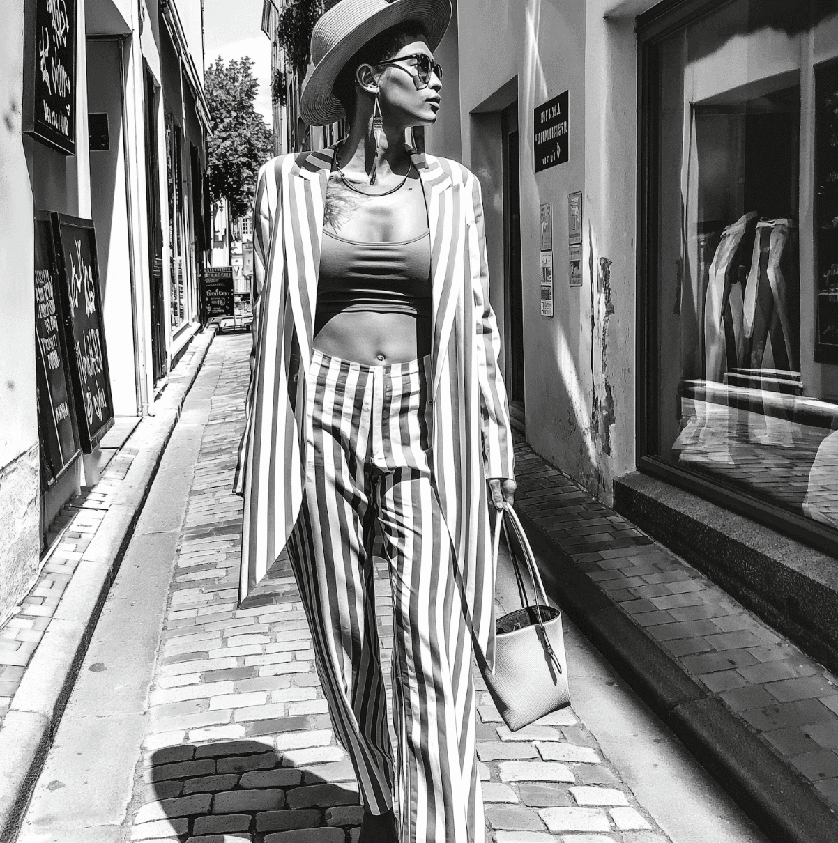 Black and white street scene with striped shadows and a figure walking