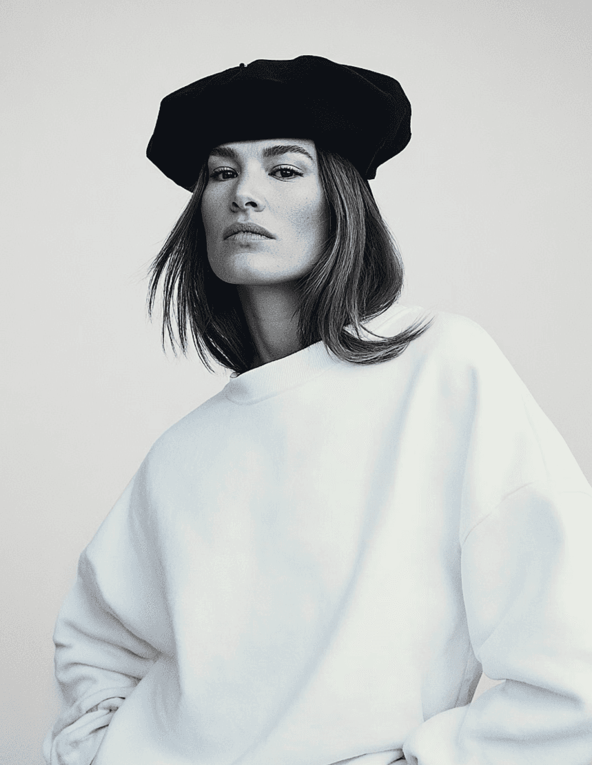 Portrait of a woman in a black hat with editorial styling