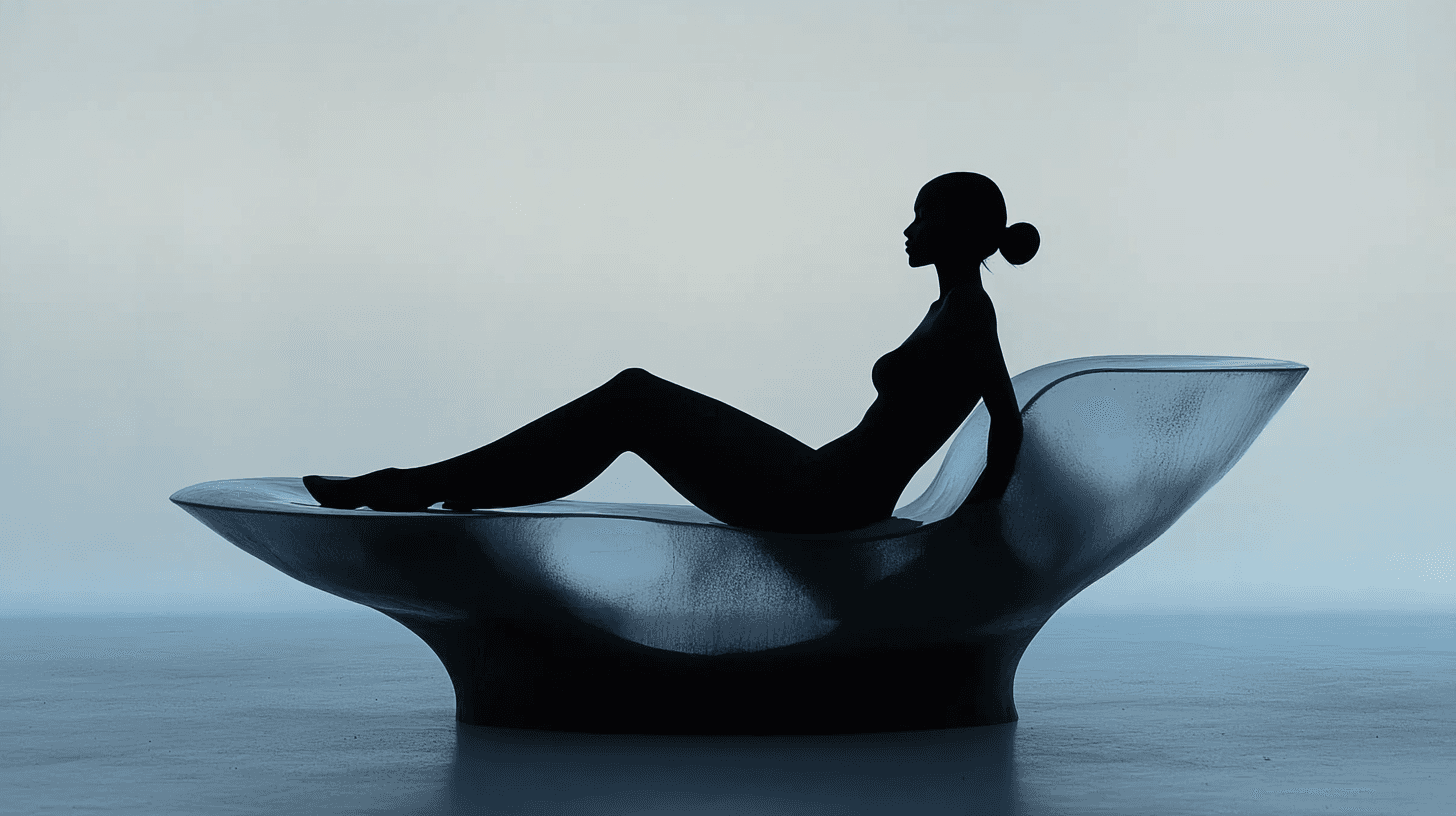 Figure seated on a reflective blue surface