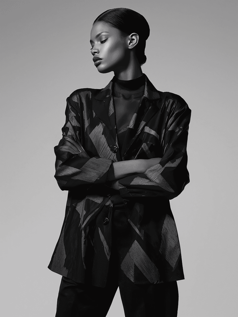Full-length portrait in a structured black jacket with editorial lighting