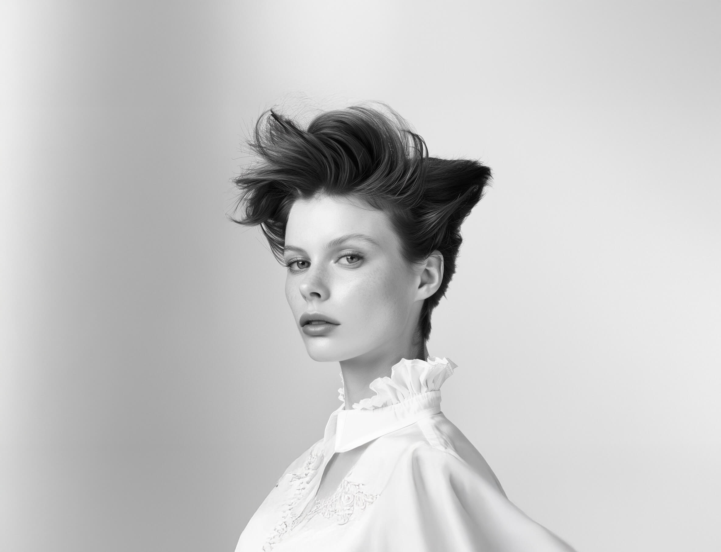 Black and white portrait of a woman with voluminous updo hairstyle and a ruffled collar