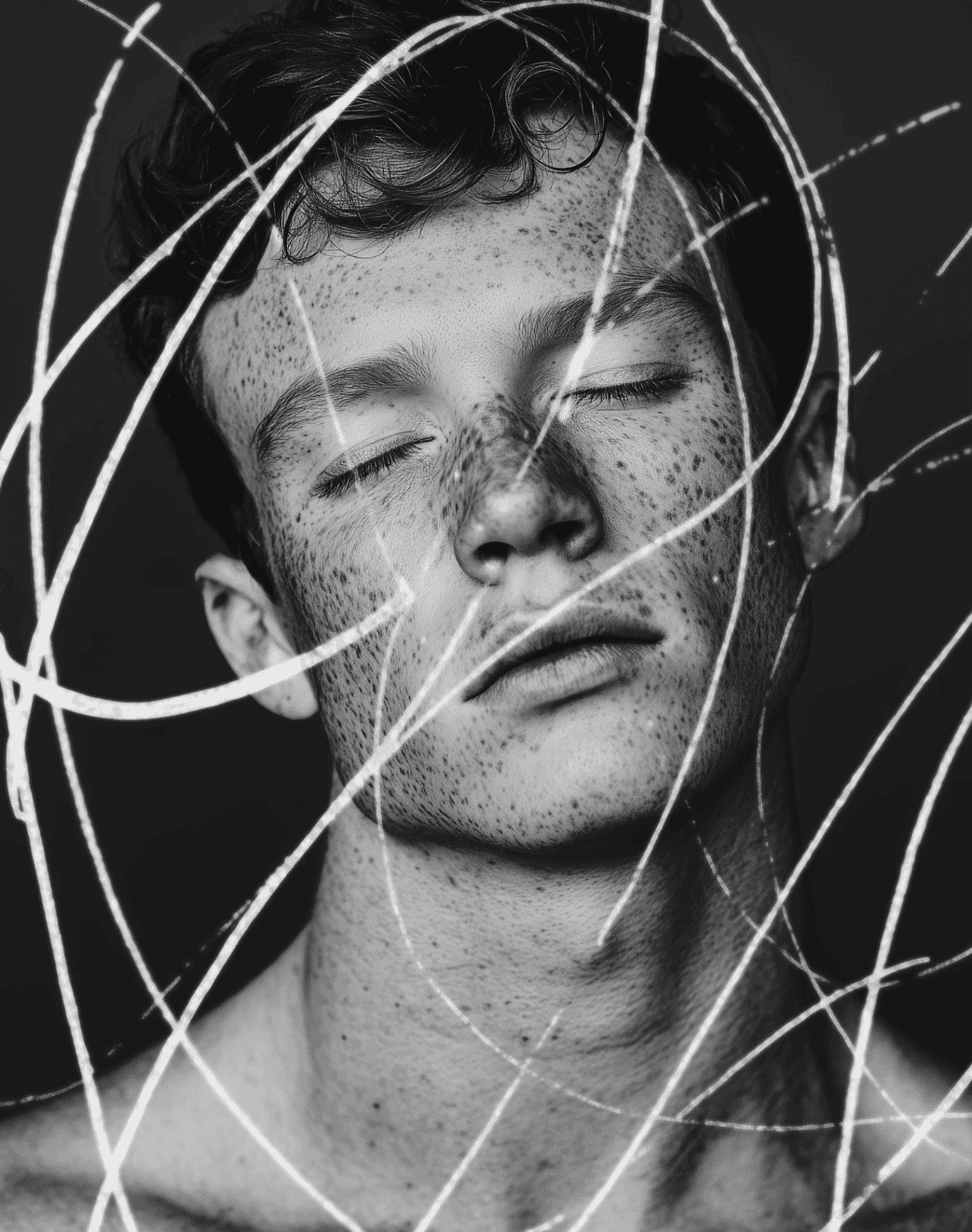 Black and white close-up portrait of a man with light streaks across his face