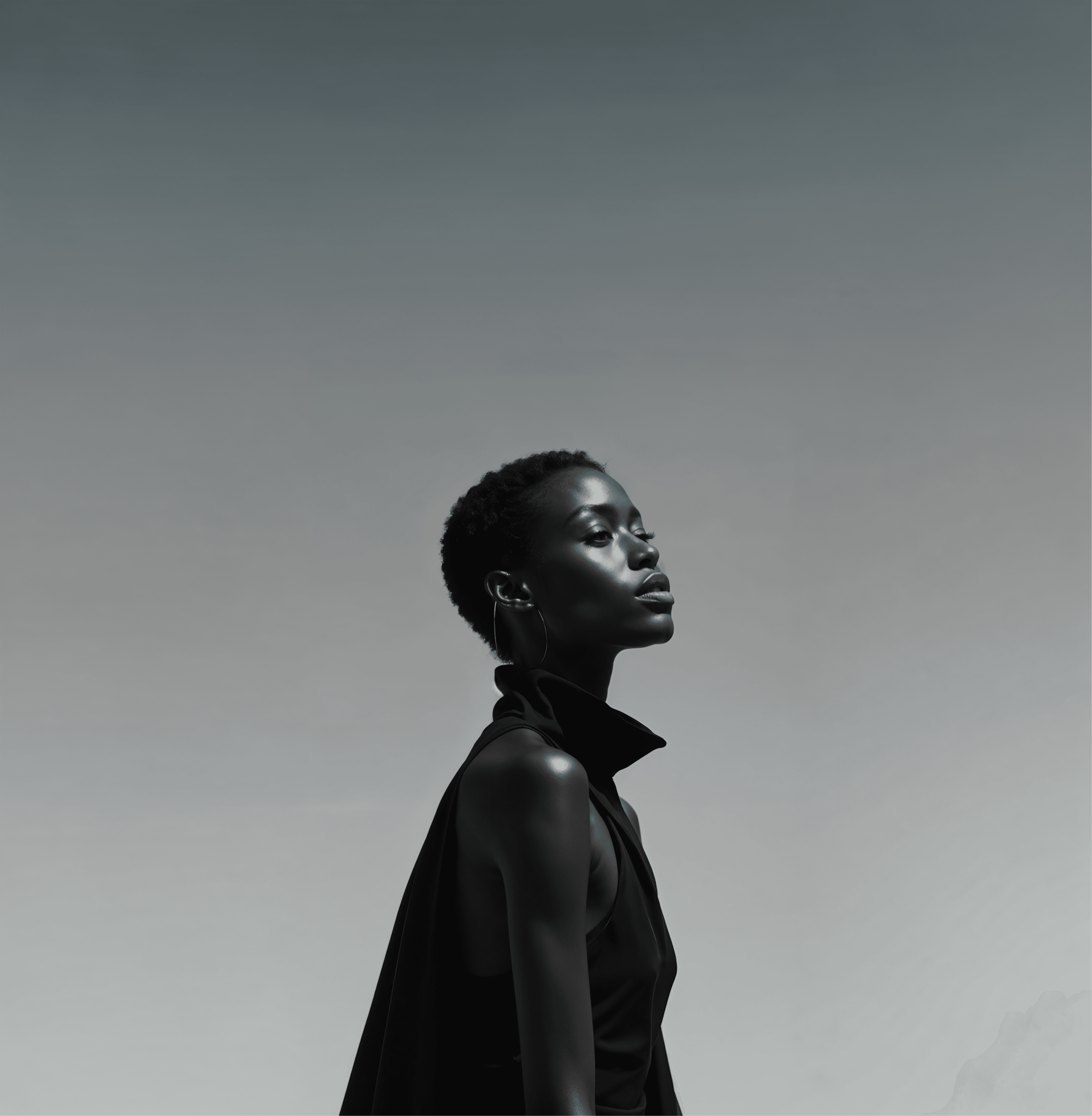 Black and white portrait of a woman looking upward, used as Promot Egypt hero image